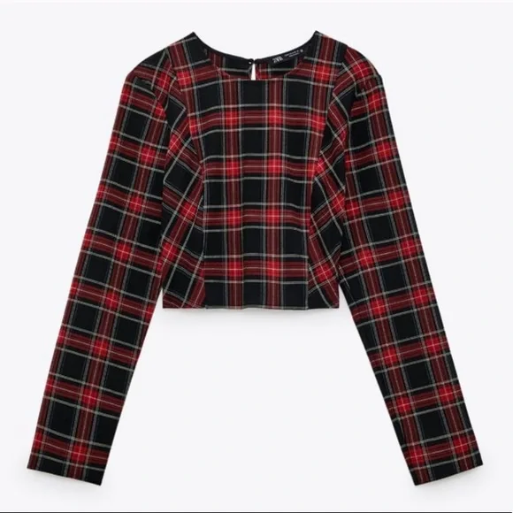 β€οΈ ZARA RED BLACK PLAID LONG SLEEVE CROP TOP! - Picture 12 of 13